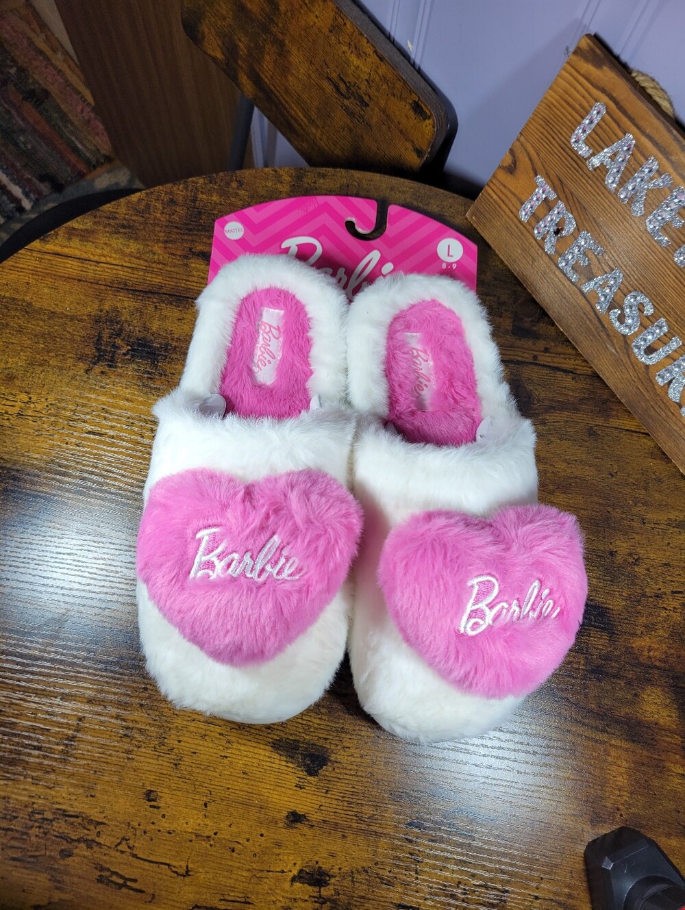 Mattell Barbie White Fuzzy Slippers with Pink Heart Patch size large